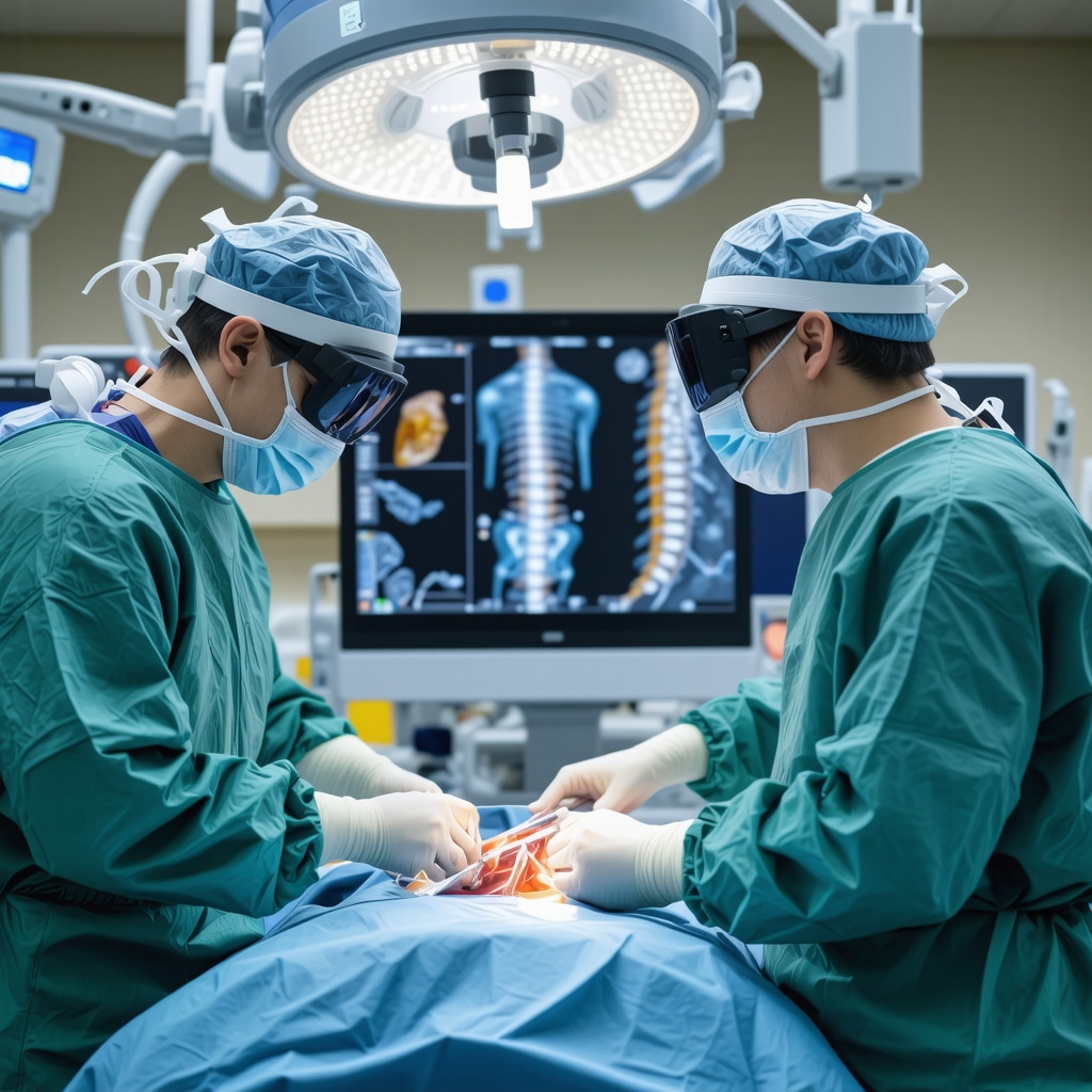 Surgeon performing laminectomy using augmented reality glasses and AI-assisted robotic tools with 3D spinal anatomy overlays