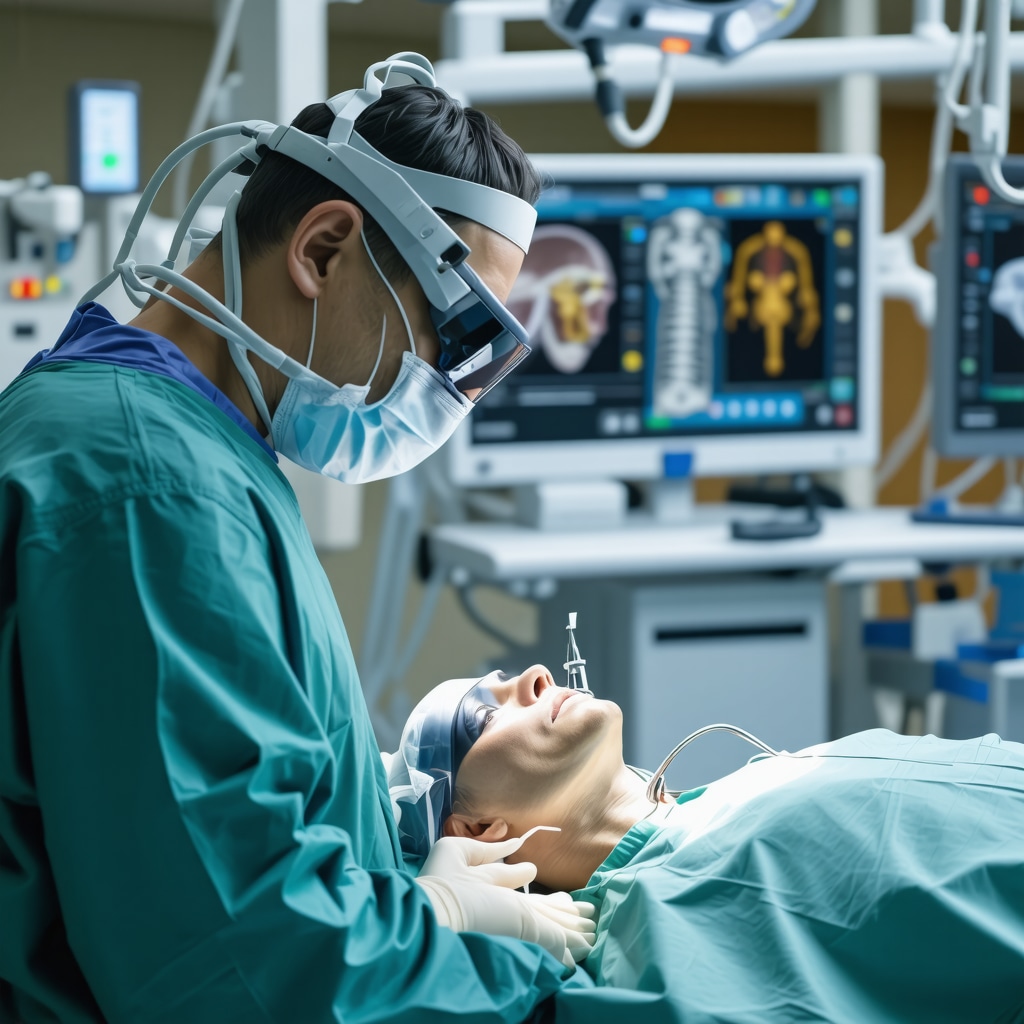 Spine surgeon performing robotic-assisted surgery with augmented reality visualization for athlete patient