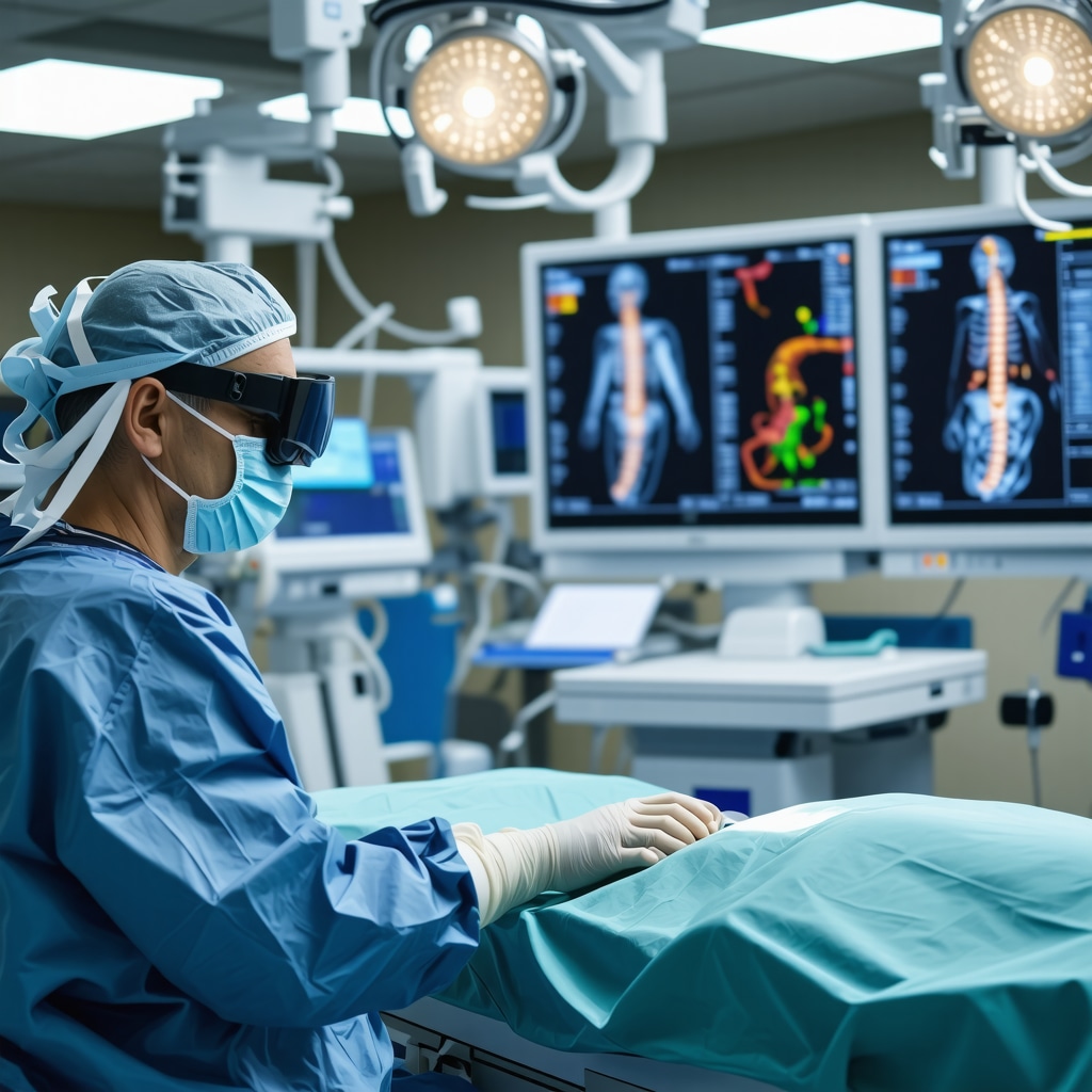 Surgeon performing robotic-assisted spine surgery using augmented reality visualization technology in a high-tech operating room