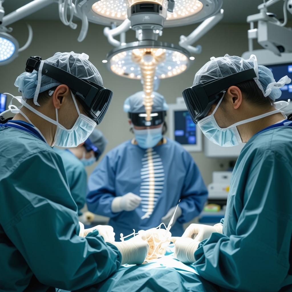 Spine surgeon using augmented reality glasses with 3D spinal models and AI data overlays in an advanced operating room