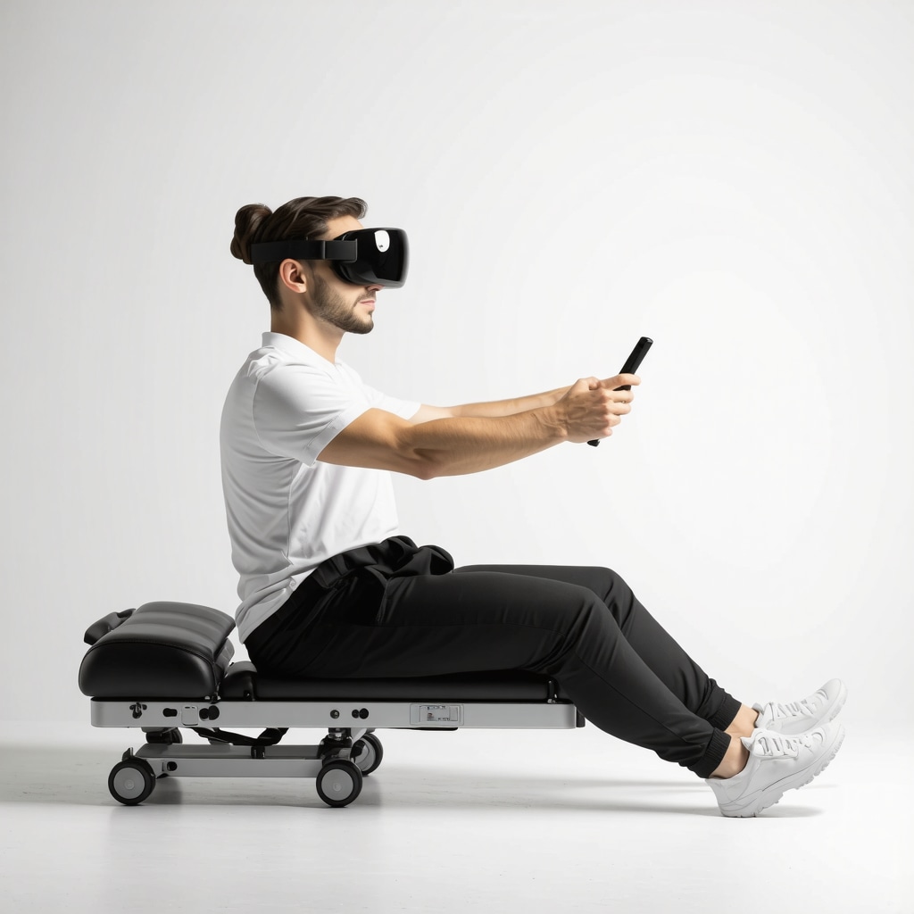 Patient using augmented reality glasses for spine surgery rehabilitation showing interactive 3D feedback