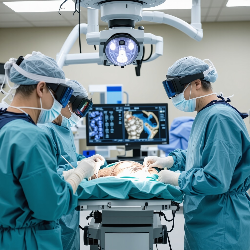 Surgeons using augmented reality and robotic tools in a modern operating room performing spinal stenosis surgery