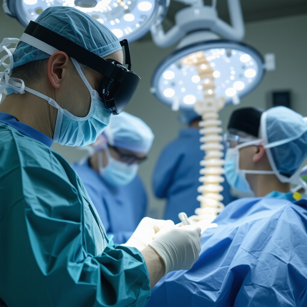 Surgeon performing spine surgery using augmented reality technology with 3D anatomical overlays