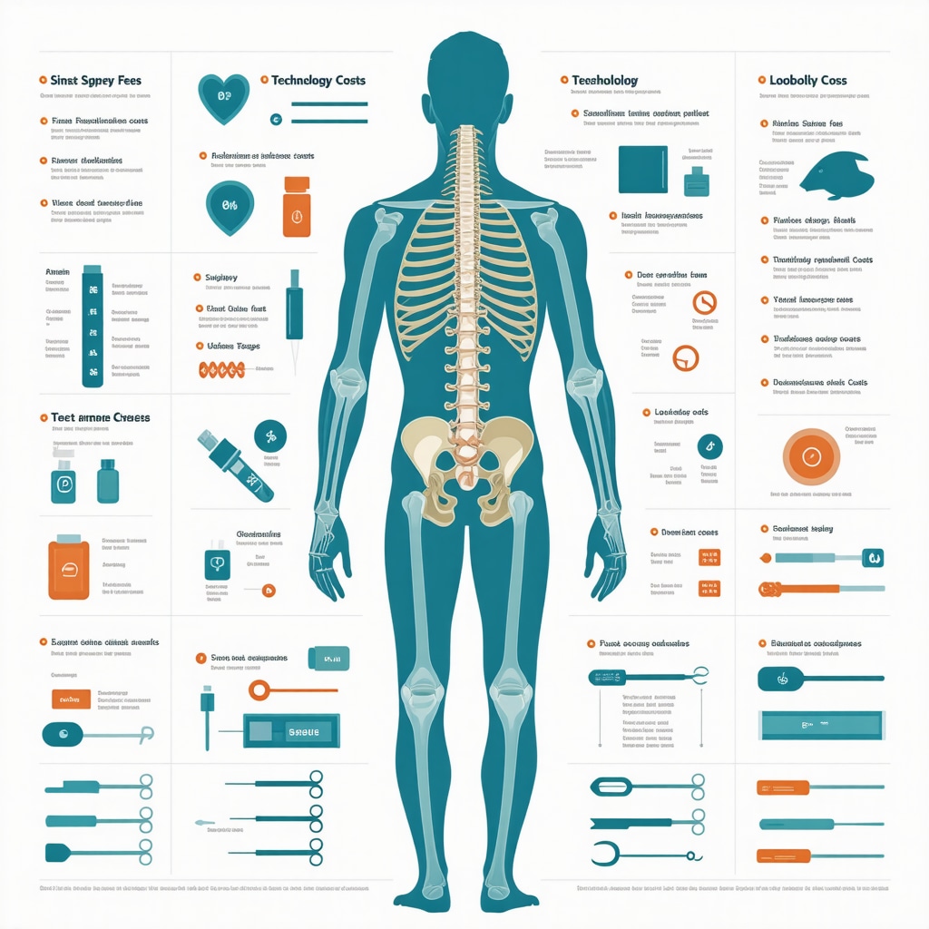 Infographic showing various components contributing to the total cost of spine surgery including surgery fees, rehab, technology, and indirect costs