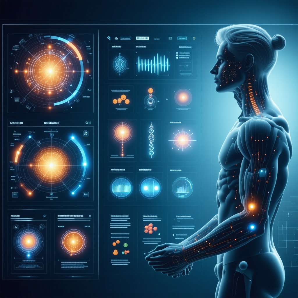 Futuristic dashboard showing metabolomic and epigenetic analysis with nutrition icons for spinal surgery recovery