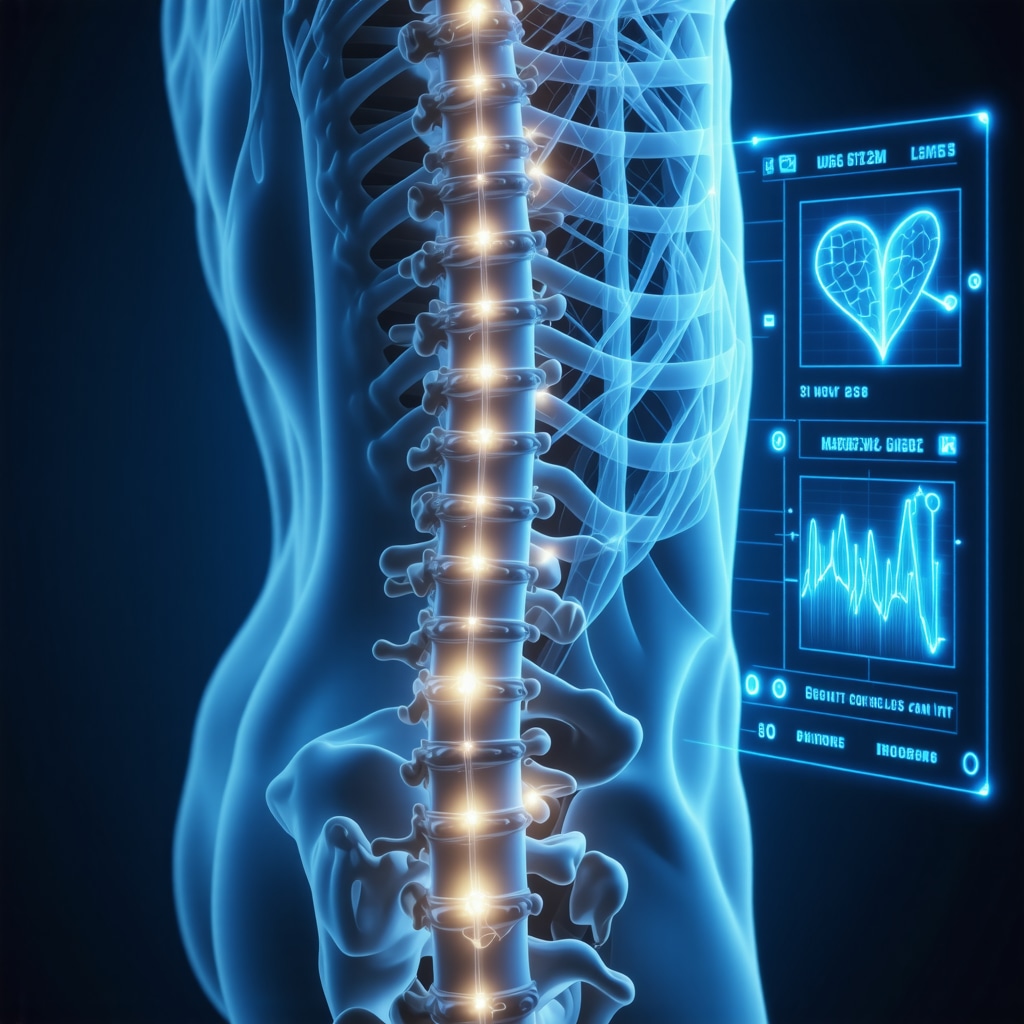 Digital illustration of spine with sensors and holographic recovery data interface