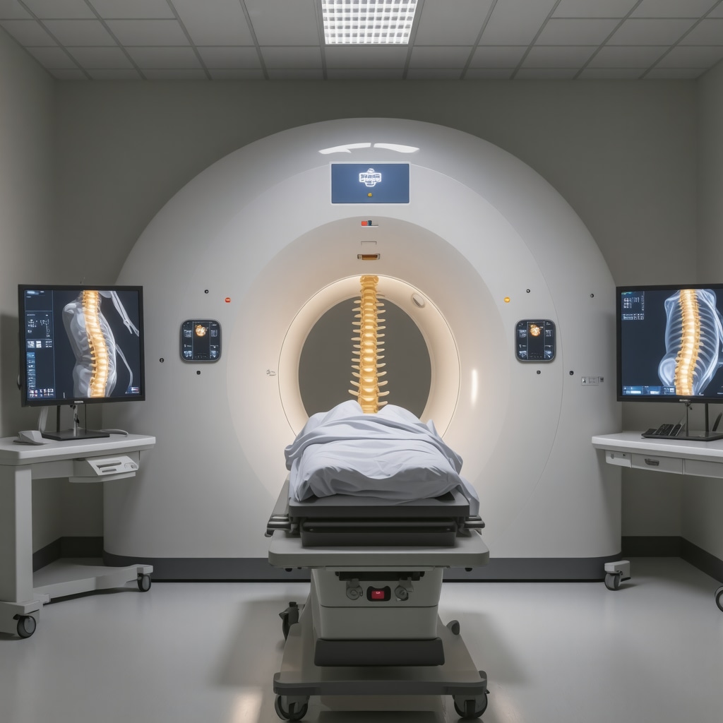 Patient receiving dynamic MRI scan with 3D spinal images on monitors