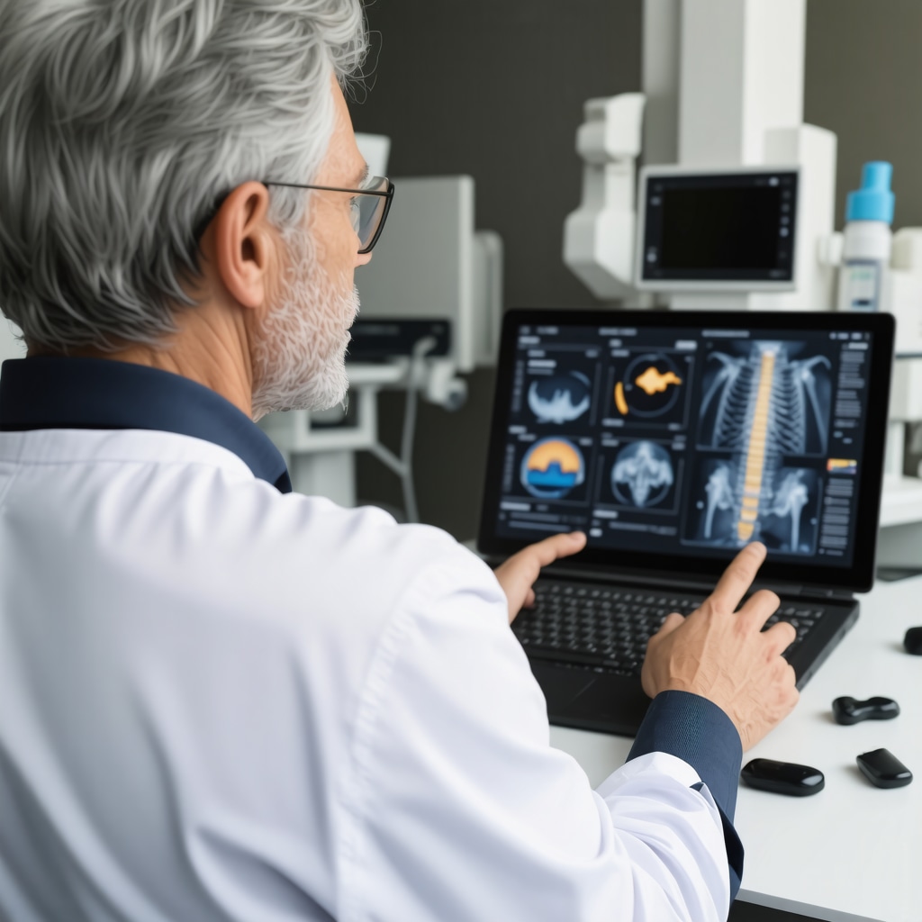 Spine surgeon using 3D imaging and AI tools during telehealth consultation with patient