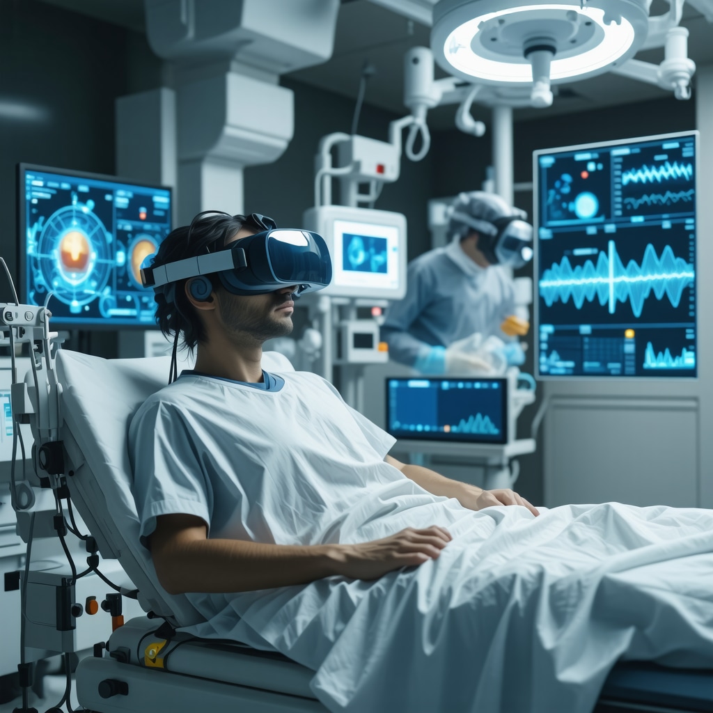 Patient undergoing virtual reality rehabilitation with AI data analytics and biomarker monitoring in a high-tech New Jersey spine surgery recovery center