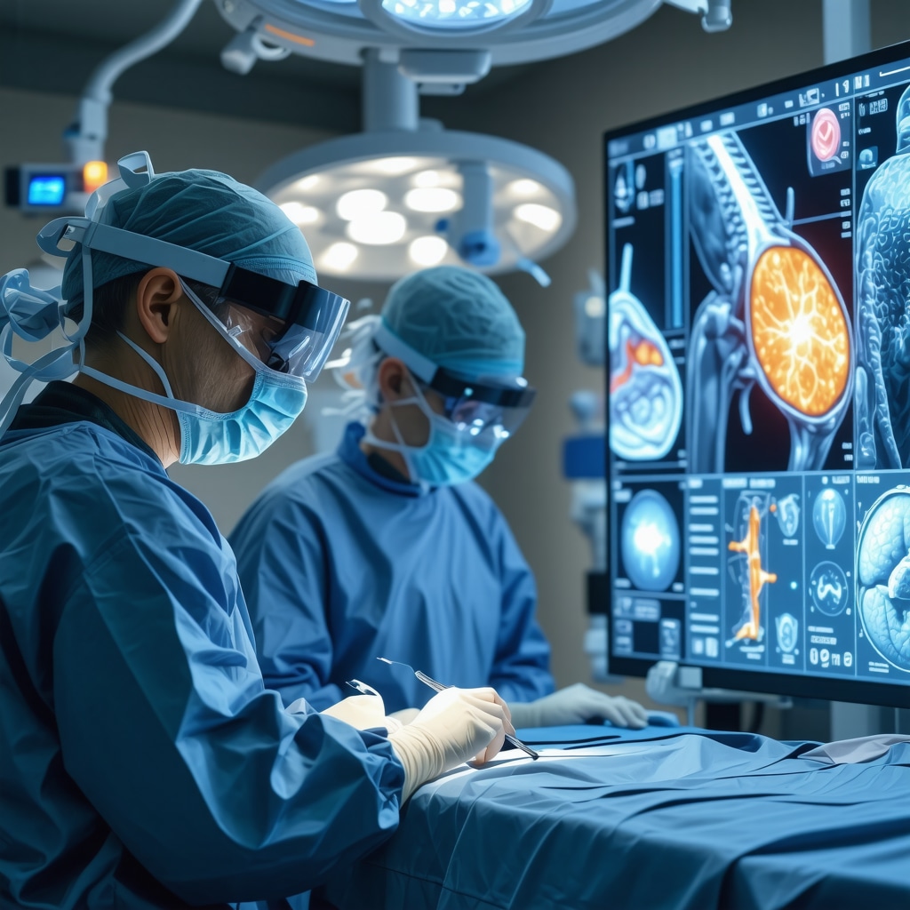 Surgeon using augmented reality and AI in disc resection surgery with wearable sensor data visualization