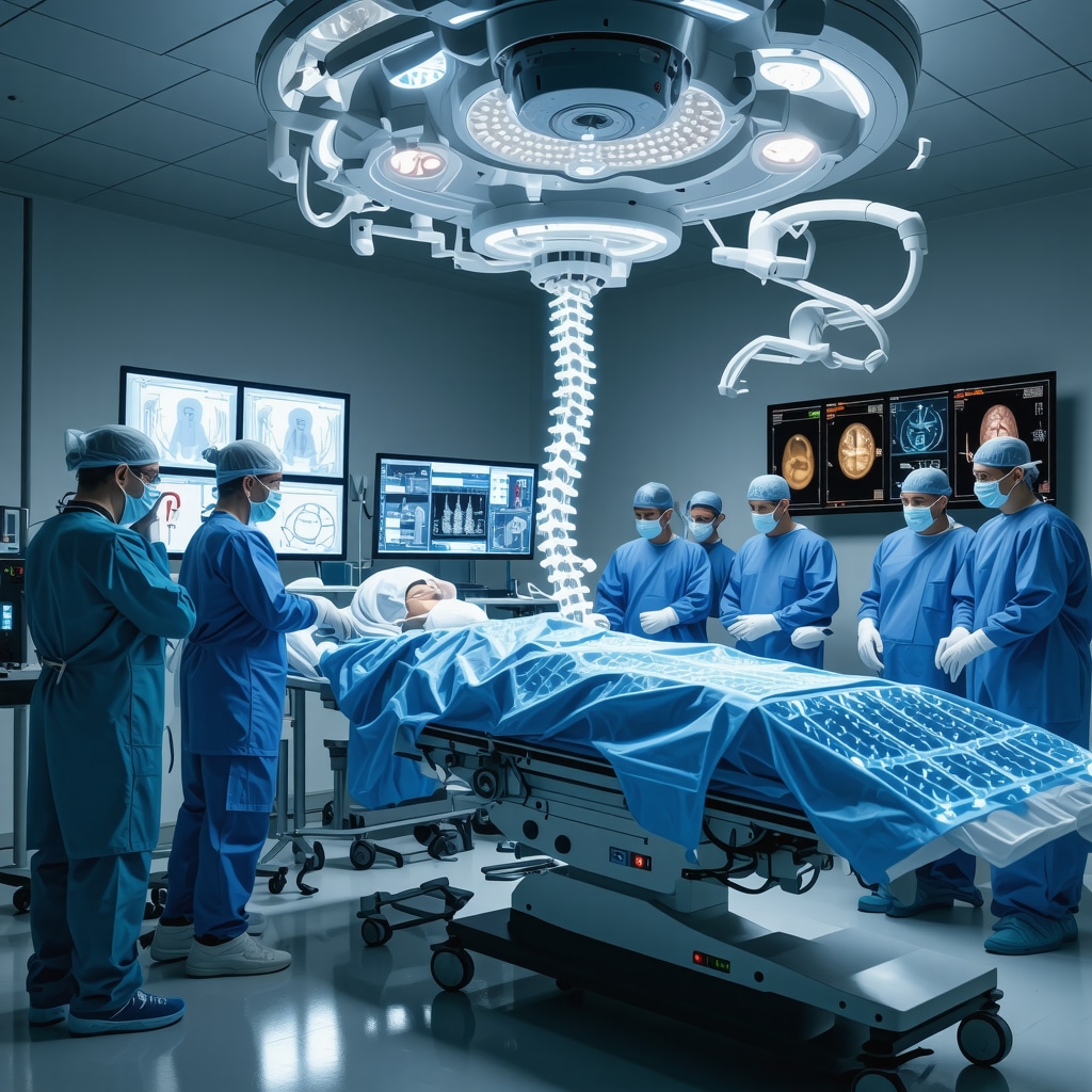 Spine surgeon performing robotic-assisted surgery using 3D holographic spine imaging alongside a medical team