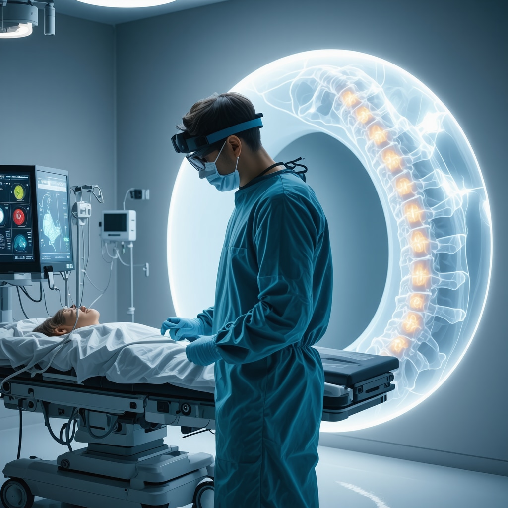 Spine surgeon using augmented reality and AI holograms in advanced scoliosis surgery with 3D-printed implants and wearable monitors
