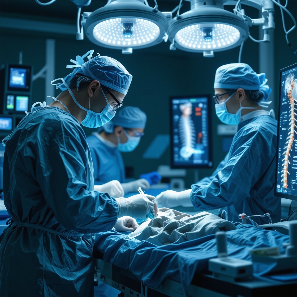 Spine surgeon using AI holographic imaging and genetic data for surgery planning