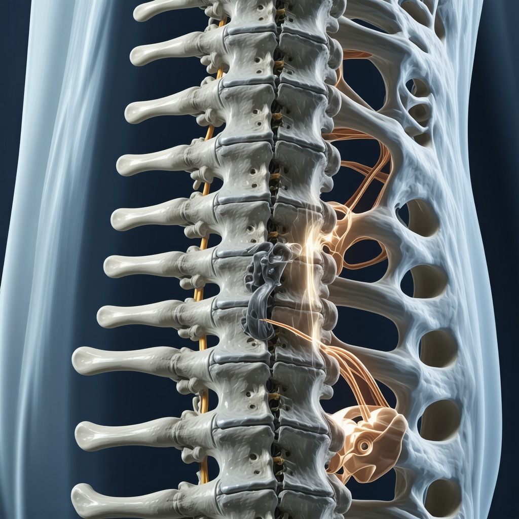 Illustration of hybrid spine surgery with fused vertebrae and disc replacement implant