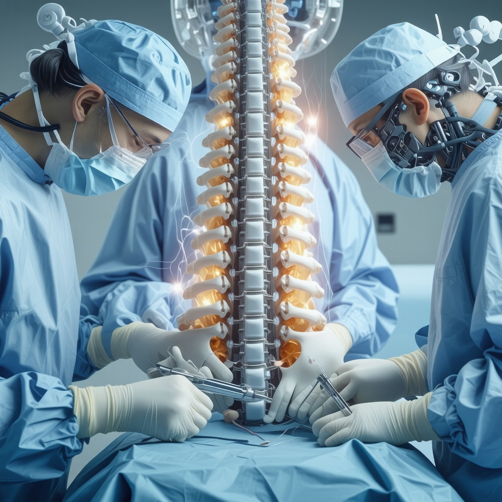 Illustration of robotic-assisted spine surgery alongside neuromodulation devices with clinicians collaborating