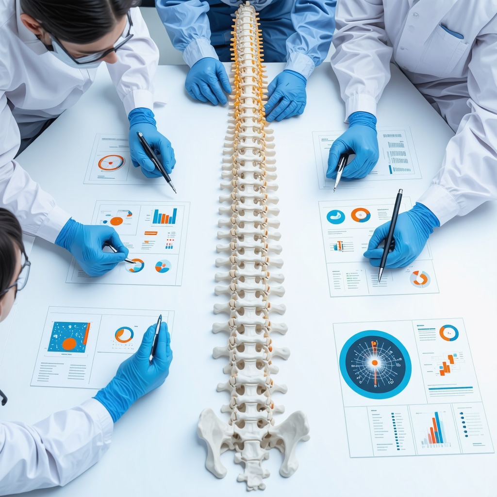 Medical professionals reviewing 3D spine imaging and data analytics on digital screens in a clinical environment