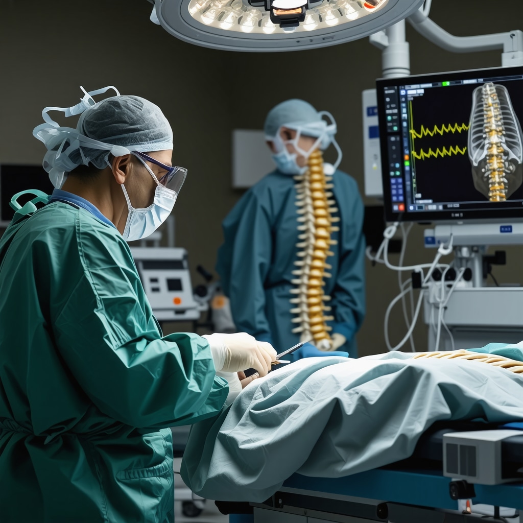 Spinal surgeon monitoring real-time neural signals during spinal decompression surgery with advanced equipment and 3D-printed spinal models