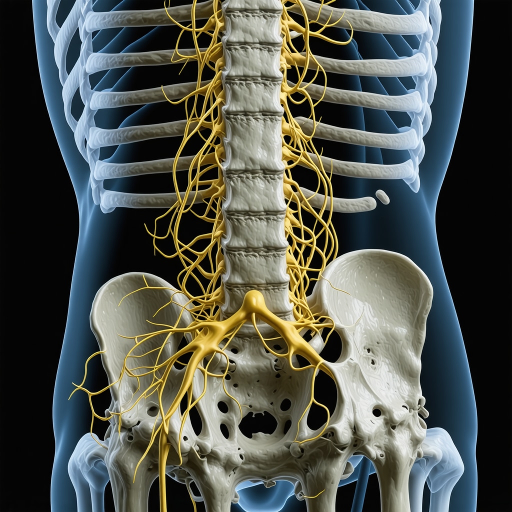 Anatomical illustration of lumbar spine highlighting ALIF anterior approach around vascular structures and TLIF posterior approach showing nerve roots and implants