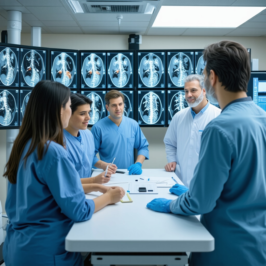 Multidisciplinary spine care team reviewing advanced imaging and rehabilitation strategies