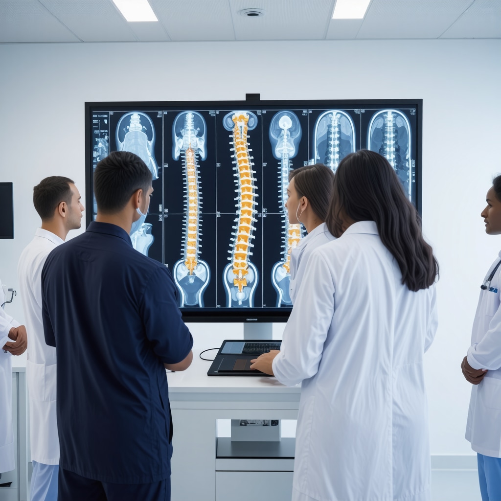 Spine surgeons, neurologists, and physical therapists reviewing 3D spinal images in a New Jersey clinic