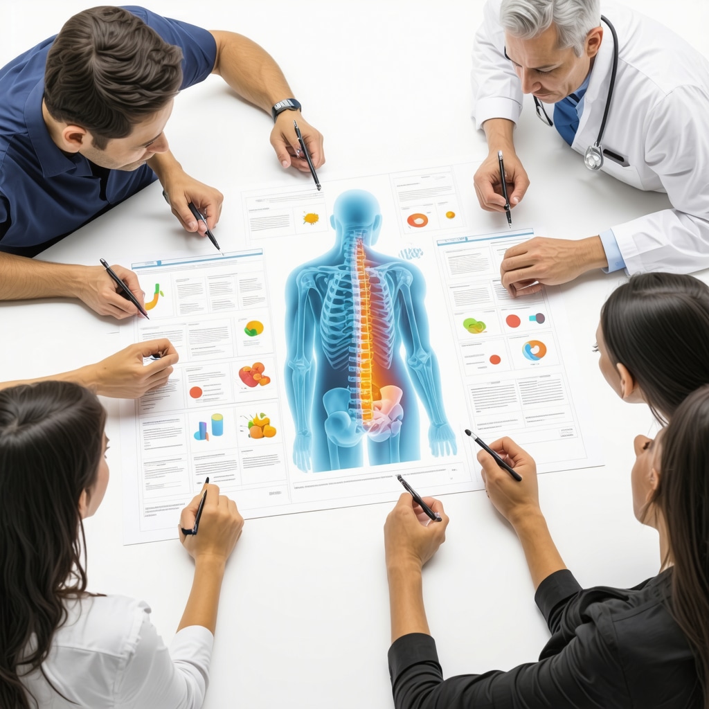Illustration of multidisciplinary medical team collaborating on spine surgery patient care to manage Failed Back Surgery Syndrome