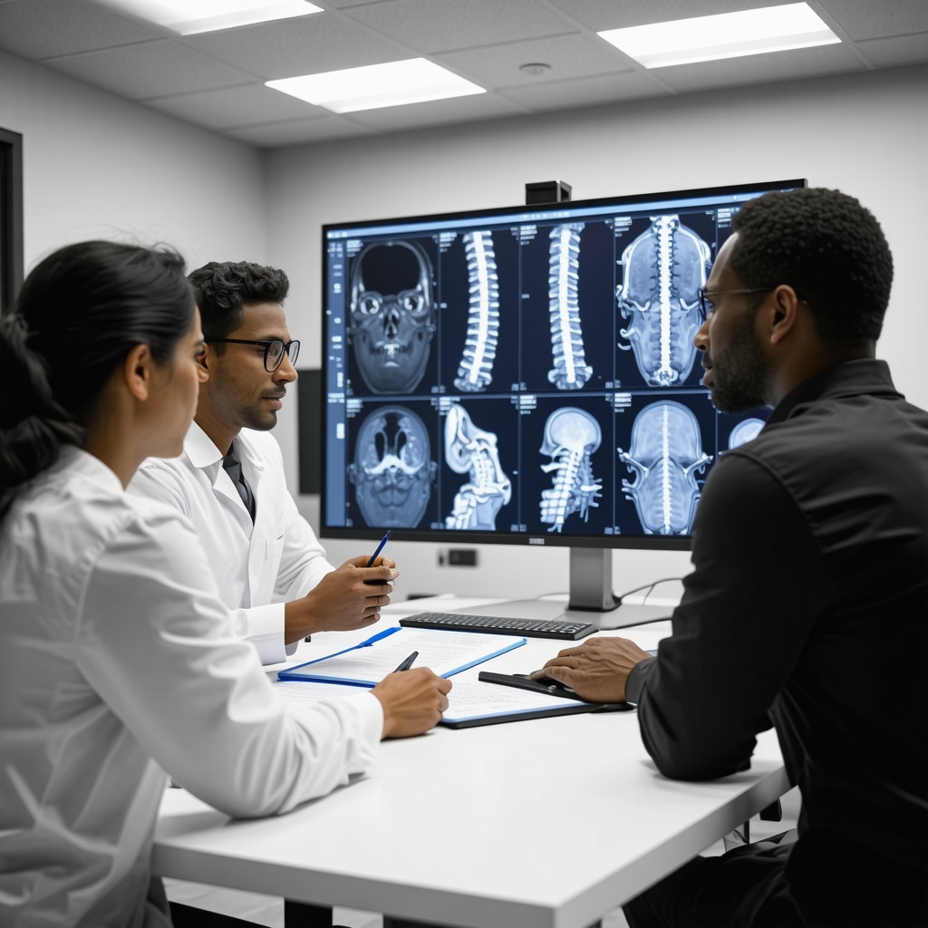 Team of spine surgeons and specialists analyzing vertebrae fracture cases with digital imaging in a modern clinic