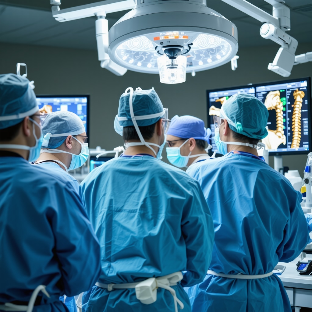 Spine surgeons, anesthesiologists, and therapists collaborating with digital imaging and robotic surgery tools in a New Jersey hospital
