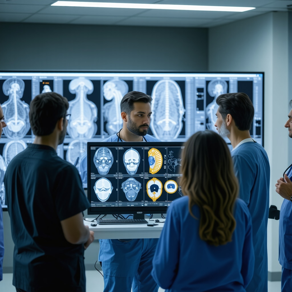 Medical professionals examining spinal imaging and biomarker results for personalized surgery timing