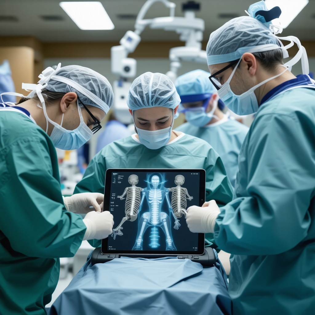 Medical team reviewing robotic spine surgery recovery data on digital devices in hospital