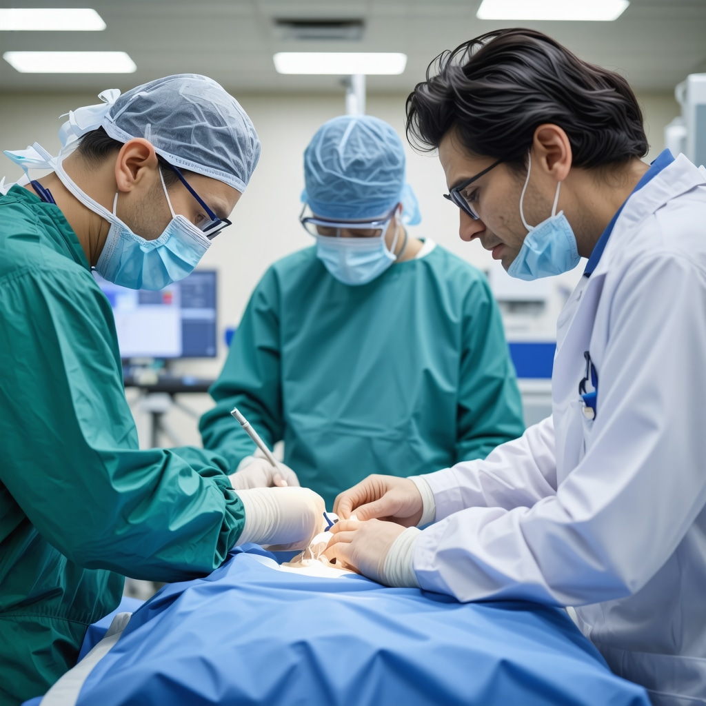 Medical professionals discussing spinal surgery and rehabilitation plans in a modern spine clinic