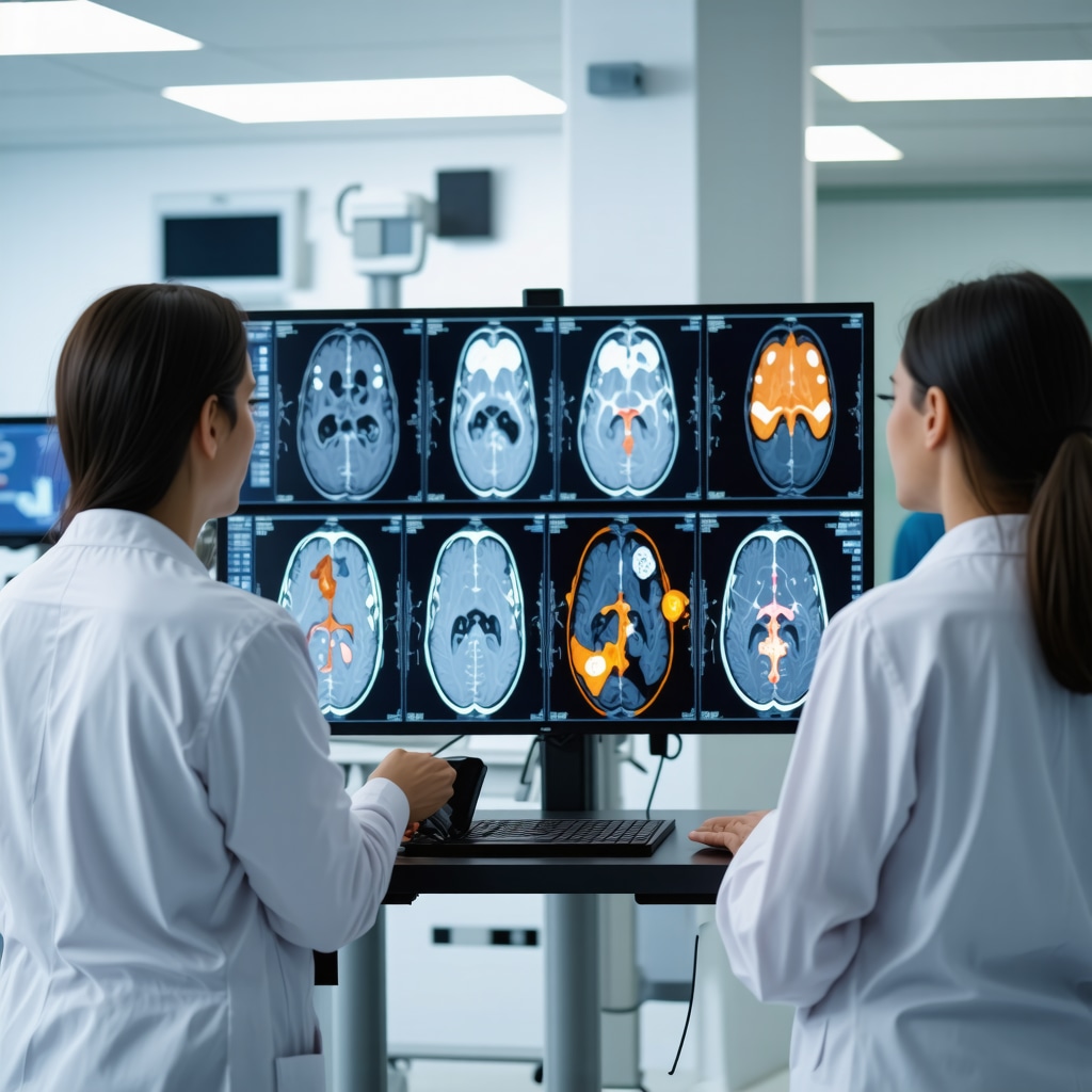 Medical professionals analyzing neuroimaging and AI data for spinal treatment decision-making
