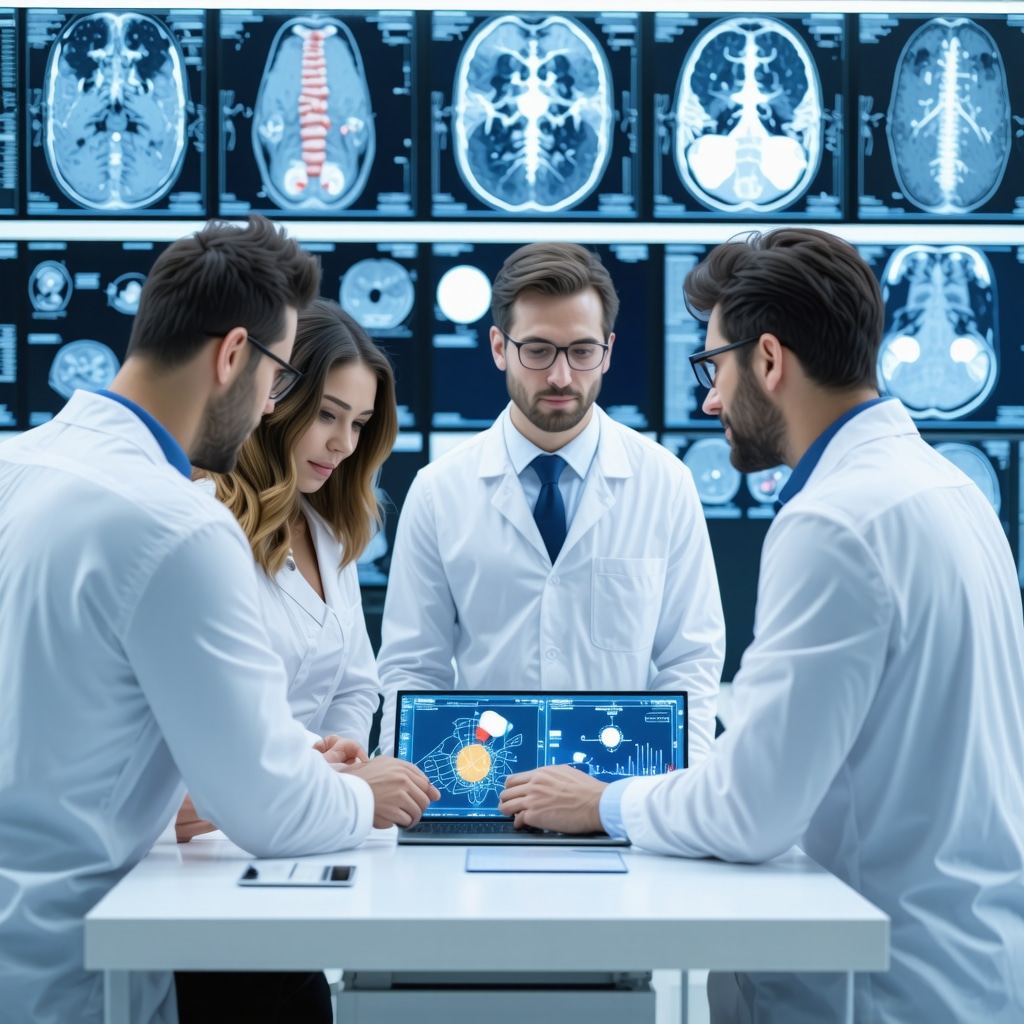 Medical professionals analyzing AI-enhanced spinal imaging and biomechanical models in a clinical environment