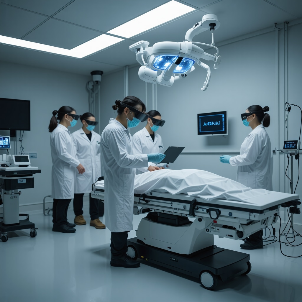 Healthcare professionals using AI analytics, wearable sensors, and VR technology in spine treatment