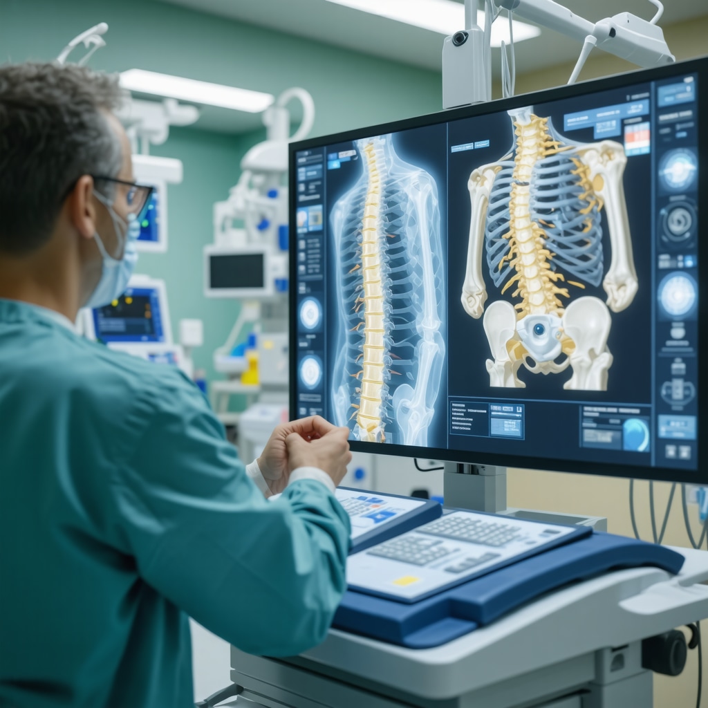 Spine surgeon showing 3D spinal model on touchscreen during patient consultation in New Jersey