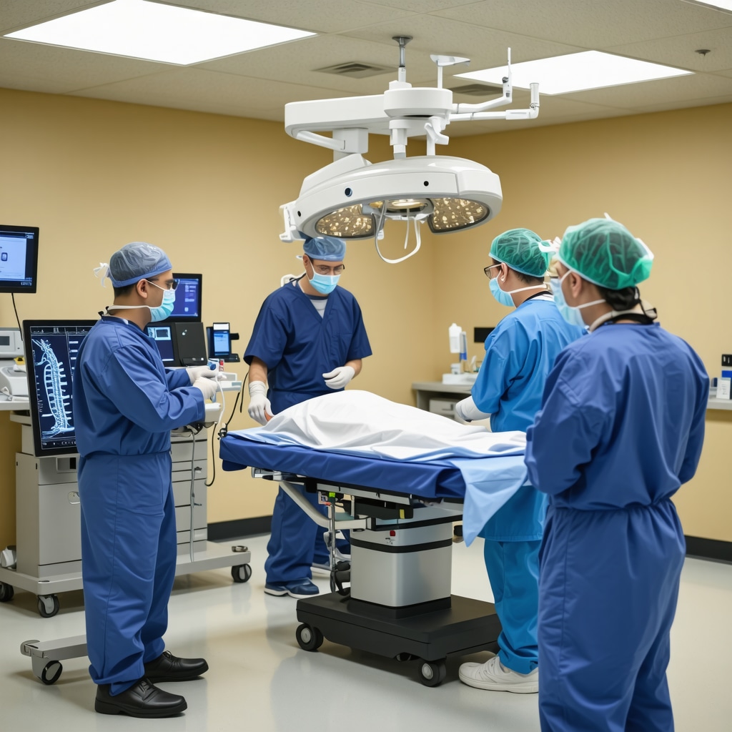 Spine surgeon in a New Jersey operating room analyzing 3D spinal images with robotic surgical tools and team collaboration