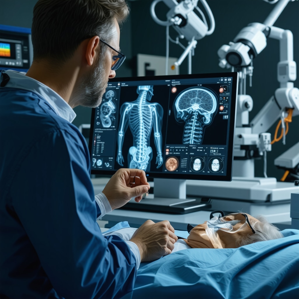 New Jersey spine surgeon consulting patient with 3D spinal imaging and robotic-assisted surgery equipment