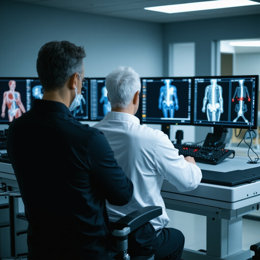 Spine surgeon and biomechanical expert reviewing AI-driven spinal imaging data with an athlete undergoing rehabilitation in a modern clinic