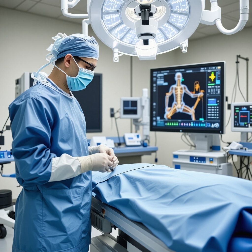 Surgeon operating robotic spine surgery system with digital recovery data screens in a modern NJ medical facility