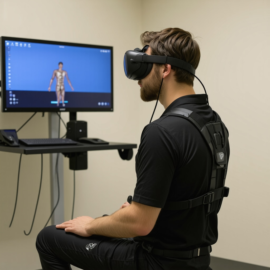 Patient using neurofeedback-enabled spine brace and virtual reality system during rehabilitation in New Jersey clinic