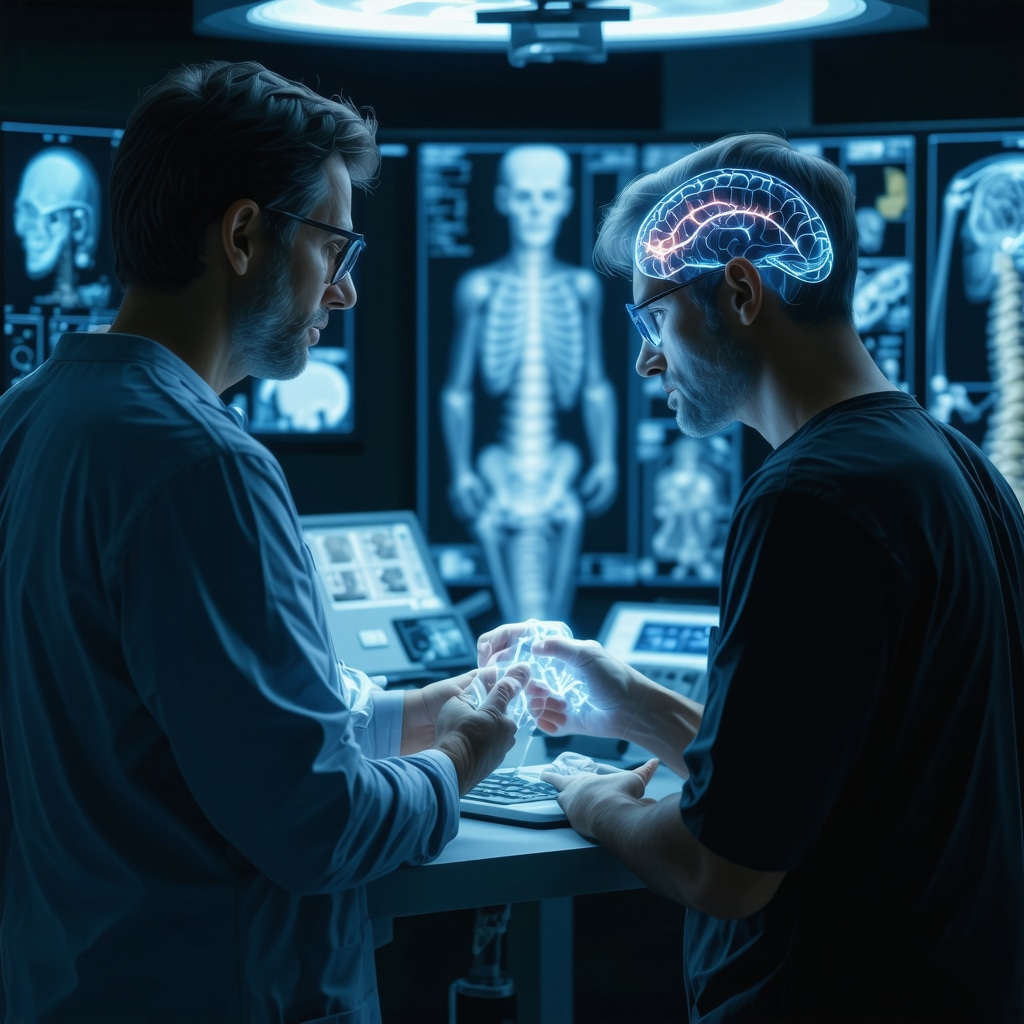 Neurosurgeon and patient reviewing spine imaging with robotic surgical equipment in background