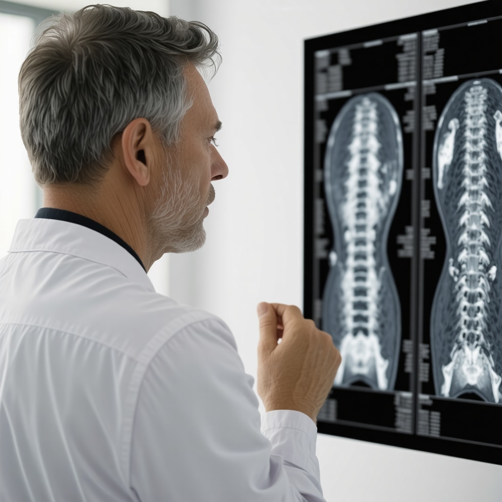 Patient and doctor examining spine MRI scans together in clinic