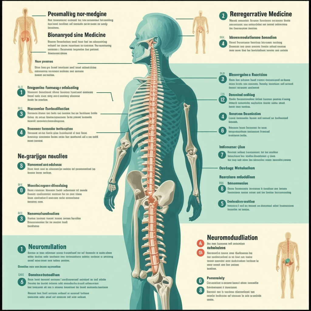 Infographic showing personalized spine care options including biomarkers, regenerative medicine, and neuromodulation