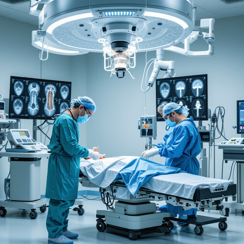 Surgeon performing robotic-assisted cervical spine surgery with advanced 3D imaging technology