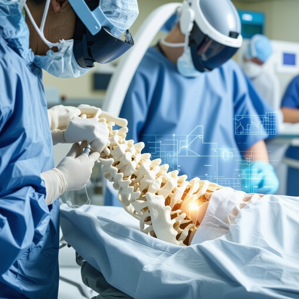 Patient receiving robotic-assisted lumbar spine surgery with neuroplasticity and rehabilitation technology overlays