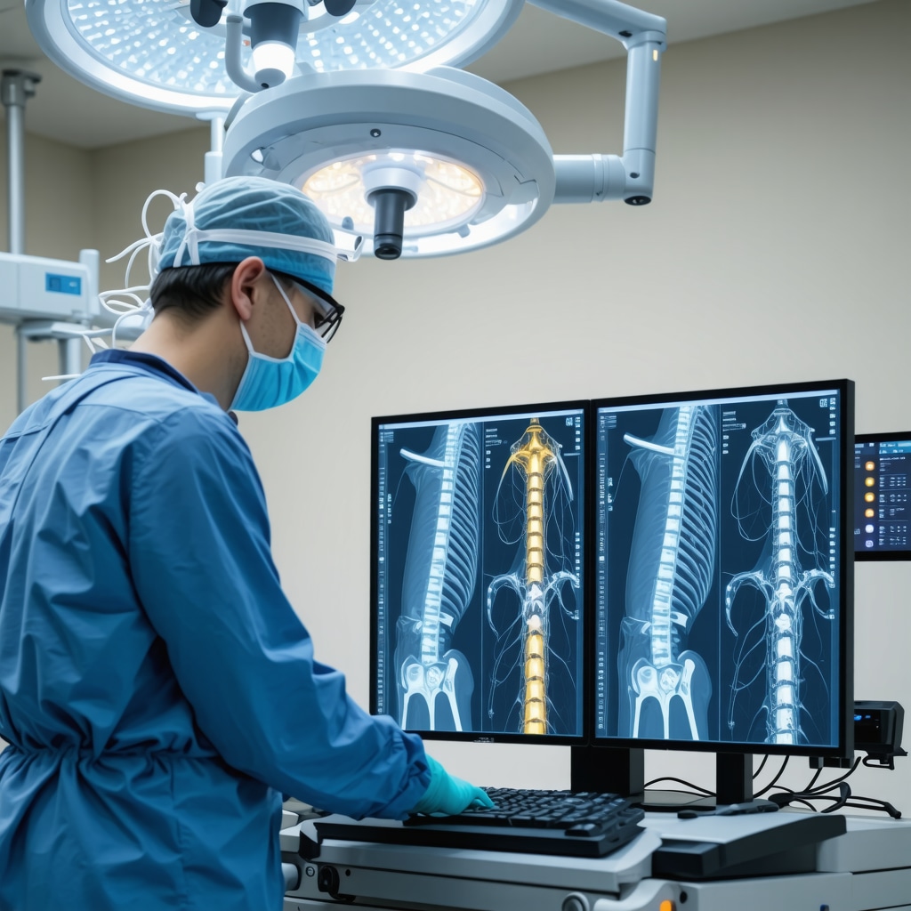 Surgeon performing microdiscectomy using robotic assistance with AI 3D imaging overlays in a modern operating room