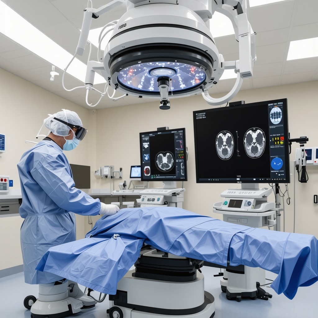 Surgeon performing robotic-assisted minimally invasive spine surgery with advanced 3D imaging in a New Jersey hospital