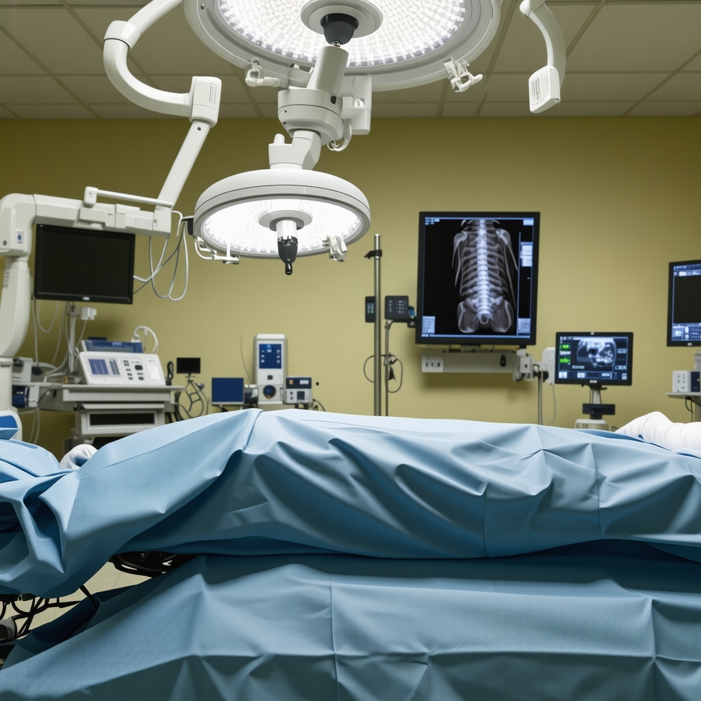 Surgical suite with robotic arm assisting spine surgery and augmented reality overlays showing spine anatomy