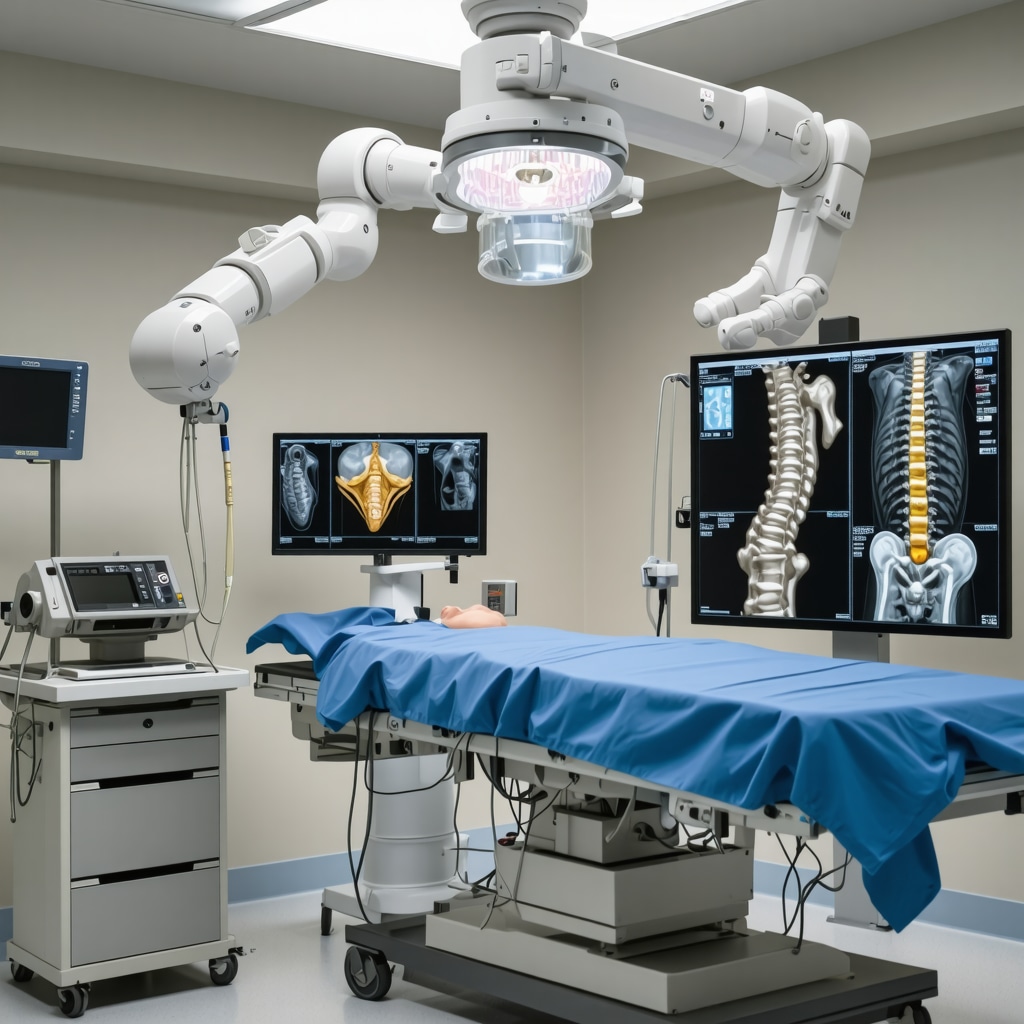 Robotic arm assisting surgeon with 3D spine imaging during orthopedic spine surgery in a modern operating room