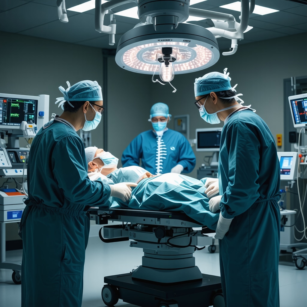 Orthopedic spine surgeon performing robotic-assisted spine surgery guided by AI technology in a modern operating room