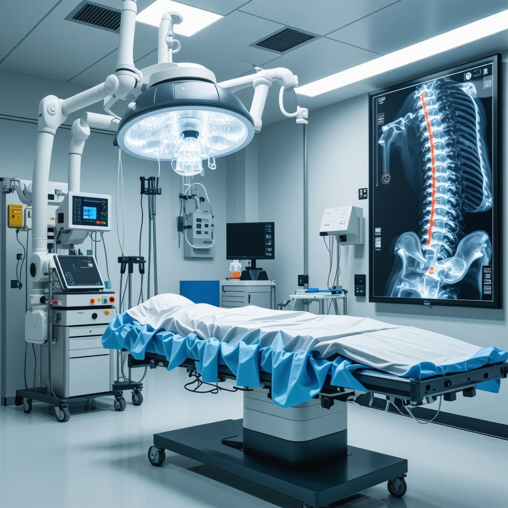 Robotic-assisted scoliosis surgery showcasing AI imaging overlays and robotic arms working on spinal correction